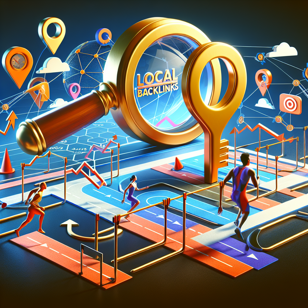 Visualize an abstract representation of SEO strategies. The scene depicts: 1. An over-sized gold key (symbolizing keyword) 2. A magnifying glass magnifying the text 'Local Backlinks' (representing the focus area in SEO) 3. A digital map showing a region marked with red and blue connections, symbolizing network and backlinks 4. A race track with hurdles, conveying the challenges in executing SEO, with athletes of South Asian and Caucasian descent finally nearing the endpoint, symbolizing successful SEO strategies. 5. A few SEO related icons, like target, chart arrow going upward, and a light bulb, done in a realistic style.