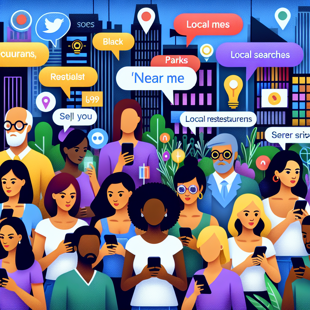 Illustration of a diverse group of individuals using their voice-activated devices in a bustling city. The devices, like smartphones or smartwatches, are clearly being used to perform local searches. The results they receive include local restaurants, stores, parks, and service providers. These people are of various descents including Caucasian, Hispanic, Black, Middle-Eastern, South Asian, and White, and a balanced mix of genders. The cityscape features signs and billboards displaying tips on how to optimize local SEO to appear in 'near me' queries, with eye-catching icons representing these tips.