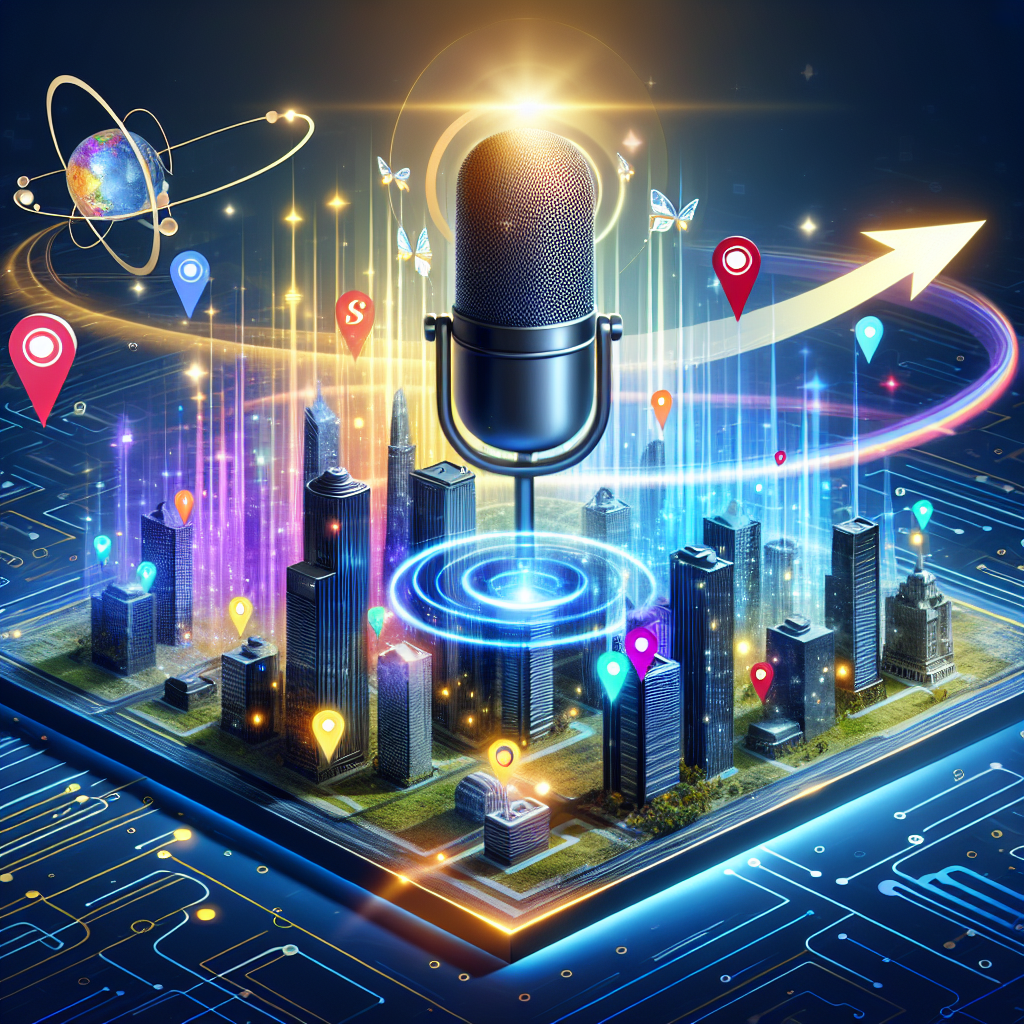 An illustrative image showing the concept of voice search technology interfacing with local SEO. Imagine an abstract digital landscape with skyscrapers symbolizing local businesses. On the side, a large floating microphone icon emitting sound waves, which transform into a wide range of colorful geometric shapes indicating search queries. These queries then travel towards the skyscrapers, with a couple of them glowing brightly to symbolize businesses empowered by SEO. Overarching the scene is a broad arrow arcing upwards, symbolizing the boost in 'Near Me' queries.