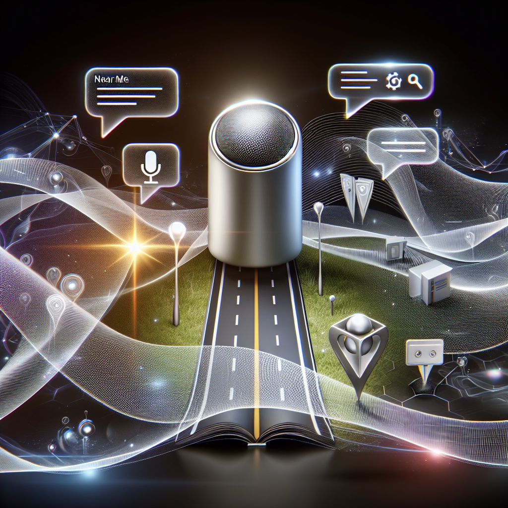 Envision an image that symbolizes the integration of voice search and local SEO. At the center, there is a sleek, modern voice assistant device, surrounded by translucent waves of sound. These waves transition into a roadmap that extends towards the corners, implying a journey of search. Along the journey, hints of code and SEO keywords are scattered. Developments like businesses and landmarks appear as well. At the end of the roadmap, there's a bright, gold star indicating the 'near me query'. A few floating tips or advice bubbles are around, suggesting the process of optimizing SEO.