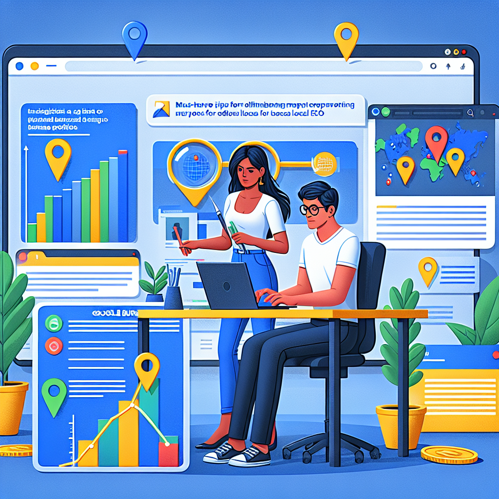 Visualize a digital marketing workspace where a South Asian woman and a Caucasian man are working diligently on optimizing a Google Business Profile. They interact with a large screen that shows a comprehensive checklist of SEO strategies, vibrant bar and line graphs reflecting improvements, and pins dropping on a digital geographical map symbolizing local SEO. Nearby, an open laptop displays an article titled 'Must-Have Tips for Effortless Local SEO.' Incorporate colors suggesting growth and optimization like green and blue.