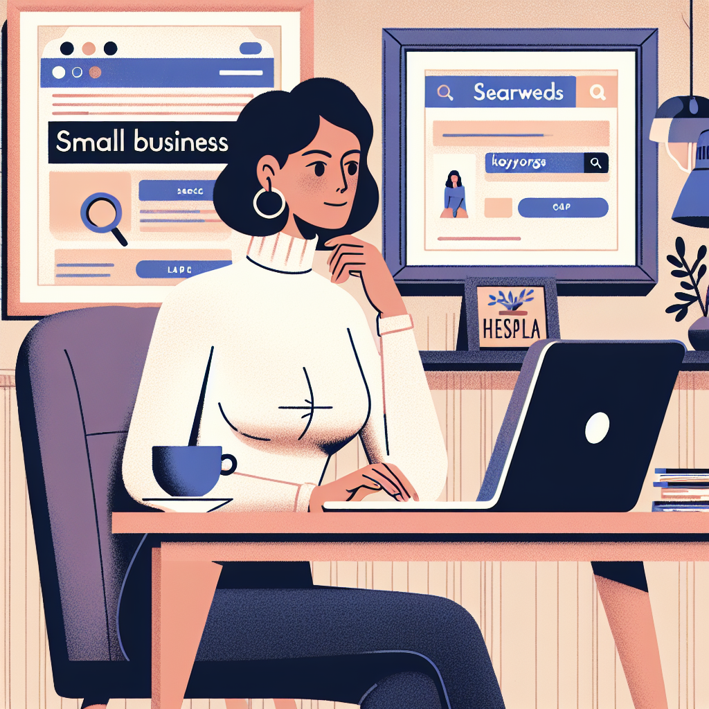 Illustrate a small local business scene, where the owner, a middle-aged Hispanic woman, is sitting at a desk with a laptop in a cozy office. She's thoughtfully researching keywords on the internet. On the computer screen, depict a search engine and keywords related to her business being typed. Include in the background, a framed sign that says 'Small Business Success' hanging on the wall. Also, represent the sense of effortlessness by showing her relaxed posture and a cup of tea within her reach.