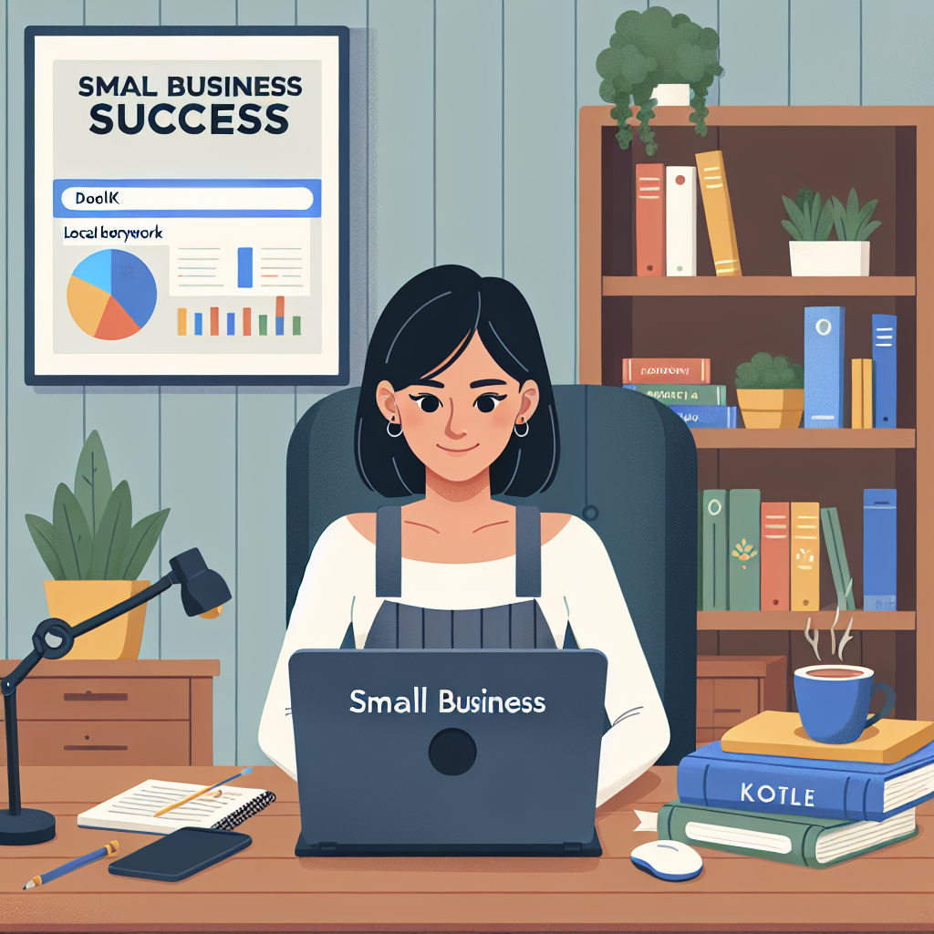 Create an image that depicts a small business owner, who is an Asian woman, sitting comfortably at her desk in her office. She is working on her laptop, diligently conducting local keyword research. Her desktop screen shows a colorful bar graph and pie charts representing data analysis results of keywords. She has a confident smile on her face, symbolizing business success. Books related to digital marketing and a coffee cup are on the side of the table, and there's a small plant on the other side, giving a touch of greenery. A sign hanging on the wall behind her reads 'Small Business Success'.
