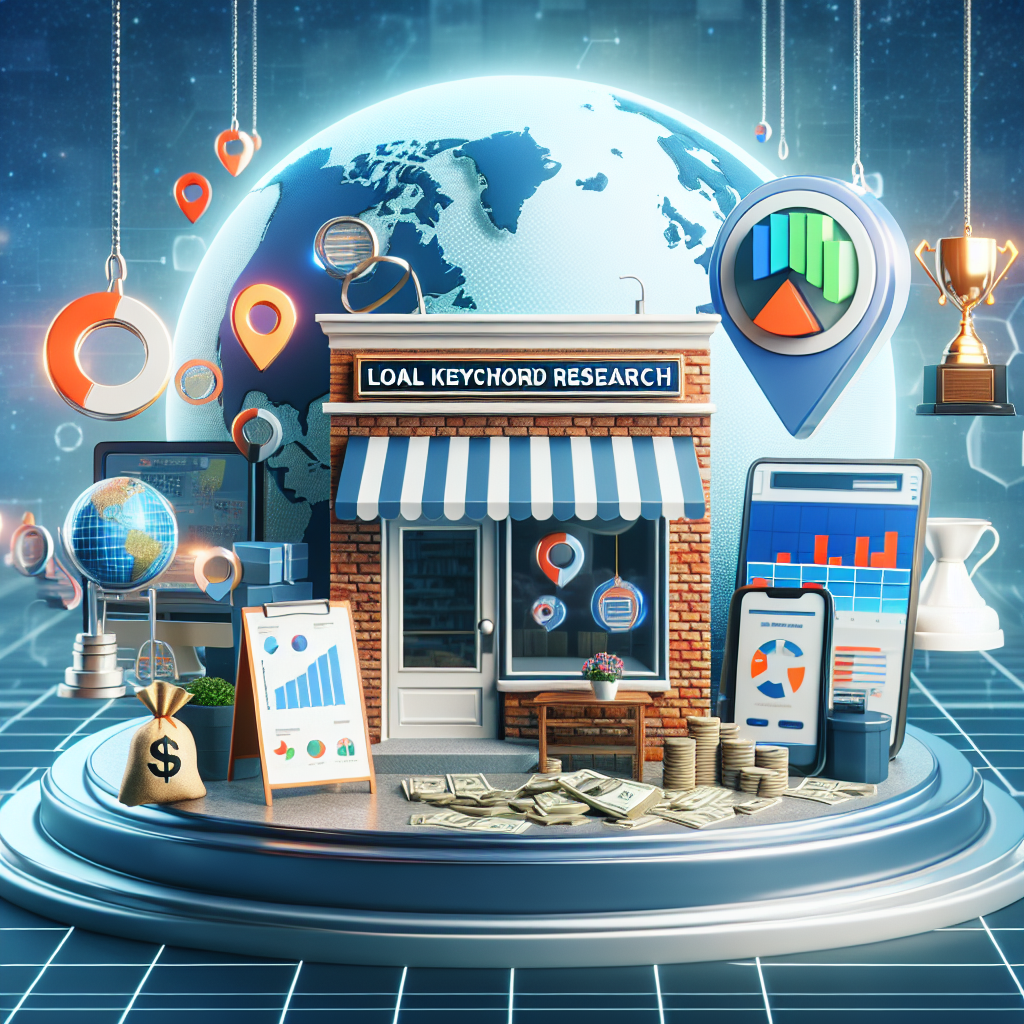 An image capturing the essence of 'Local Keyword Research' for small businesses. Include elements like a local storefront of a small business, a map of a community, and a digital device showing keyword research software. Incorporate a symbol of success such as a growth chart, trophy, or bag of money. Finally, have a globe in the background to represent the online world. The small business storefront should showcase a sign indicating its variety, possibly a book store, coffee shop or boutique. The scene should give a feeling of effortlessness with a smooth integration of all components.