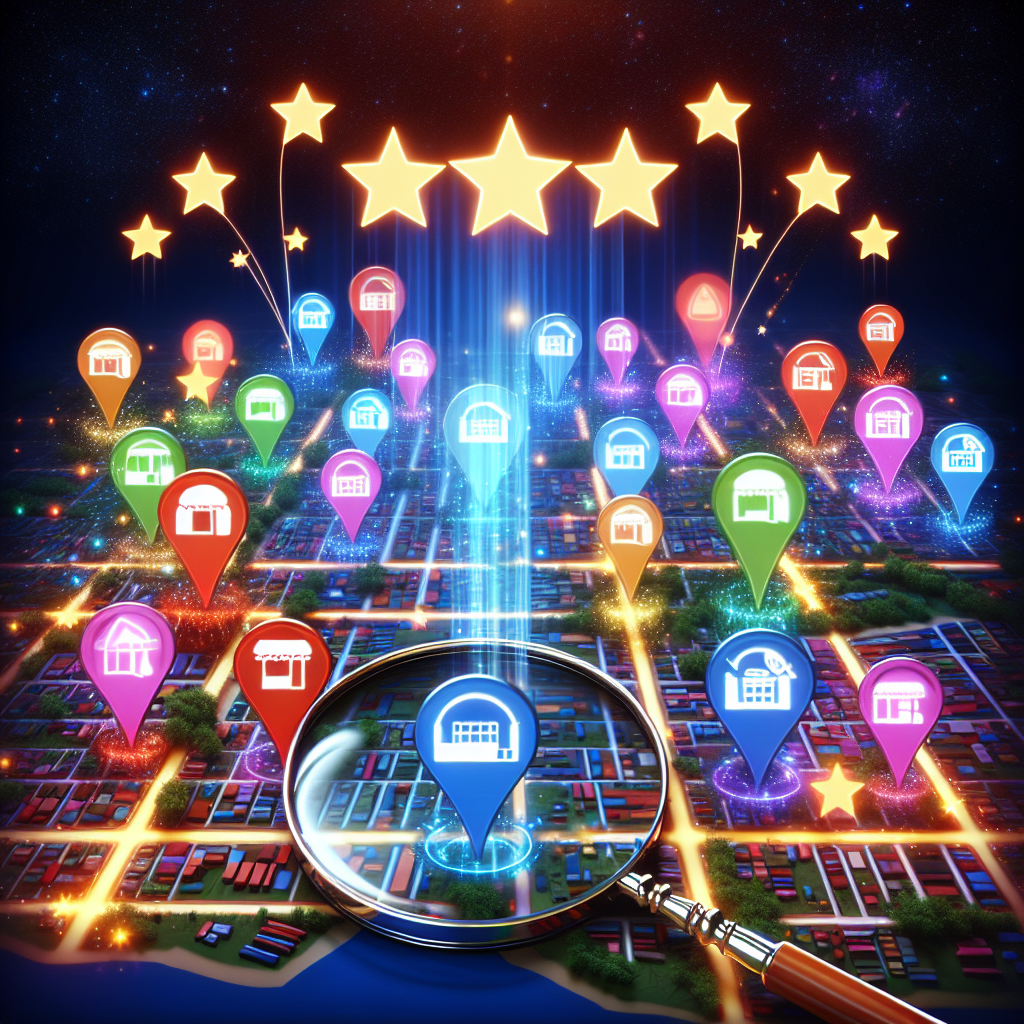An image representing the concept of local business SEO. Feature a scatter of small, independent store symbols on a city street map, each glowing with a different color to signify variety in business types. In one corner of the map, showcase a magnifying glass enlarging a portion of the city with the most business symbols. From the magnifying glass, generate radiating waves symbolizing influence or a network. Also include a review star rating of 4.5 on top of a few businesses symbolizing positive reviews. Use vibrant and soft colors, displaying the scene in a visual style reminiscent of 2D digital art.