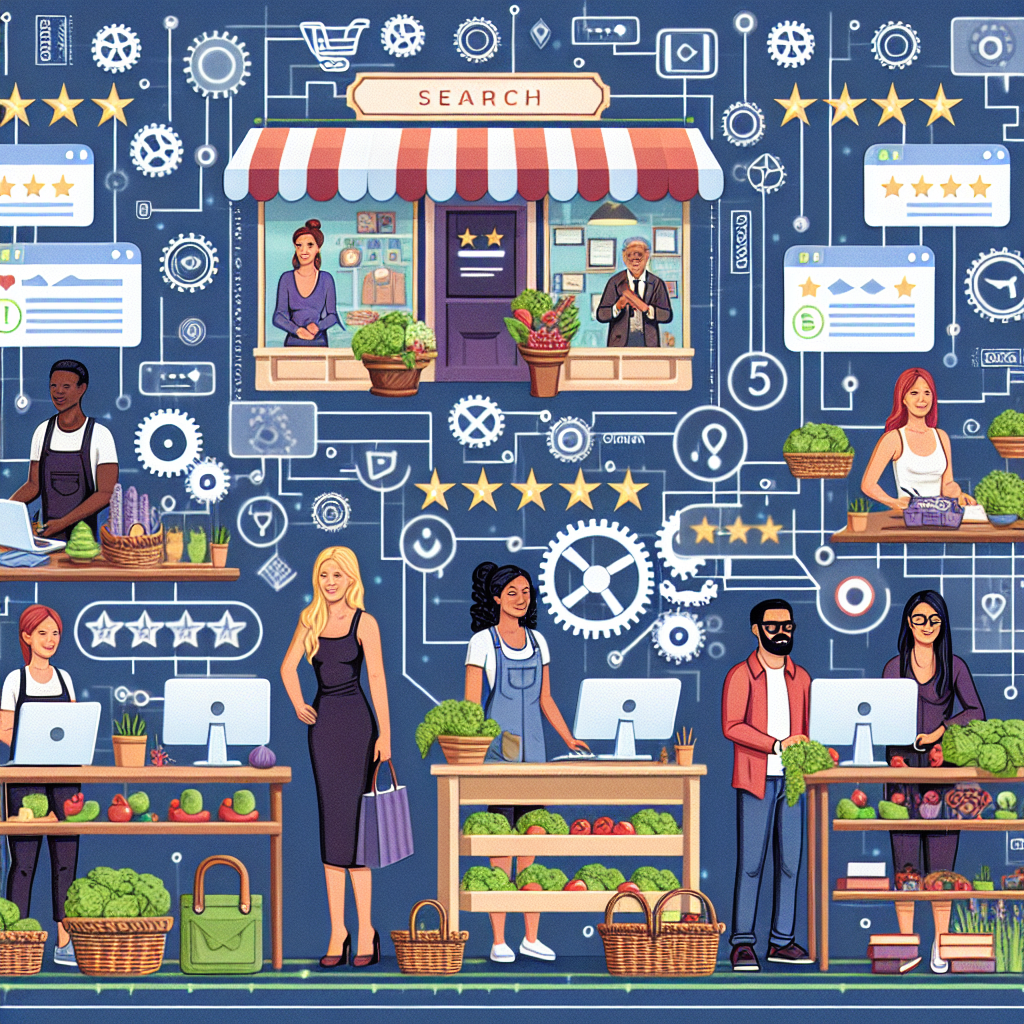 Visualize an image of a diverse group of small business owners. A Caucasian woman who owns a clothing boutique, a Black man who owns a local book store, and a South Asian woman who runs an organic vegetable stand, all working hard in their respective businesses. In their surroundings, there are computer screens displaying positive customer reviews and 5-stars rating on a popular search engine's website. Woven into the backdrop are elements of the search algorithm, such as keywords and website structure, represented as cogwheels, binary codes, and web diagrams.