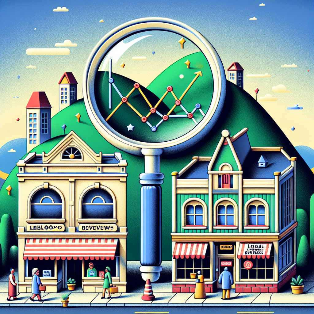 A detailed illustration of a small town center, bustling with activity. Two shops stand in the foreground, one run by a Middle Eastern man, the other by a Black woman. Both have bright, attractive, well-maintained storefronts. Above these shops, a giant magnifying glass hovers in the sky, symbolizing a Google search. Beneath it, the words 'Local Business Reviews' take the form of three-dimensional buildings. In the distance, a hill is sculpted to resemble the line graph of an SEO report, with movements trending upwards. The entire scene radiates vibrancy and growth, embodying the benefits of SEO.