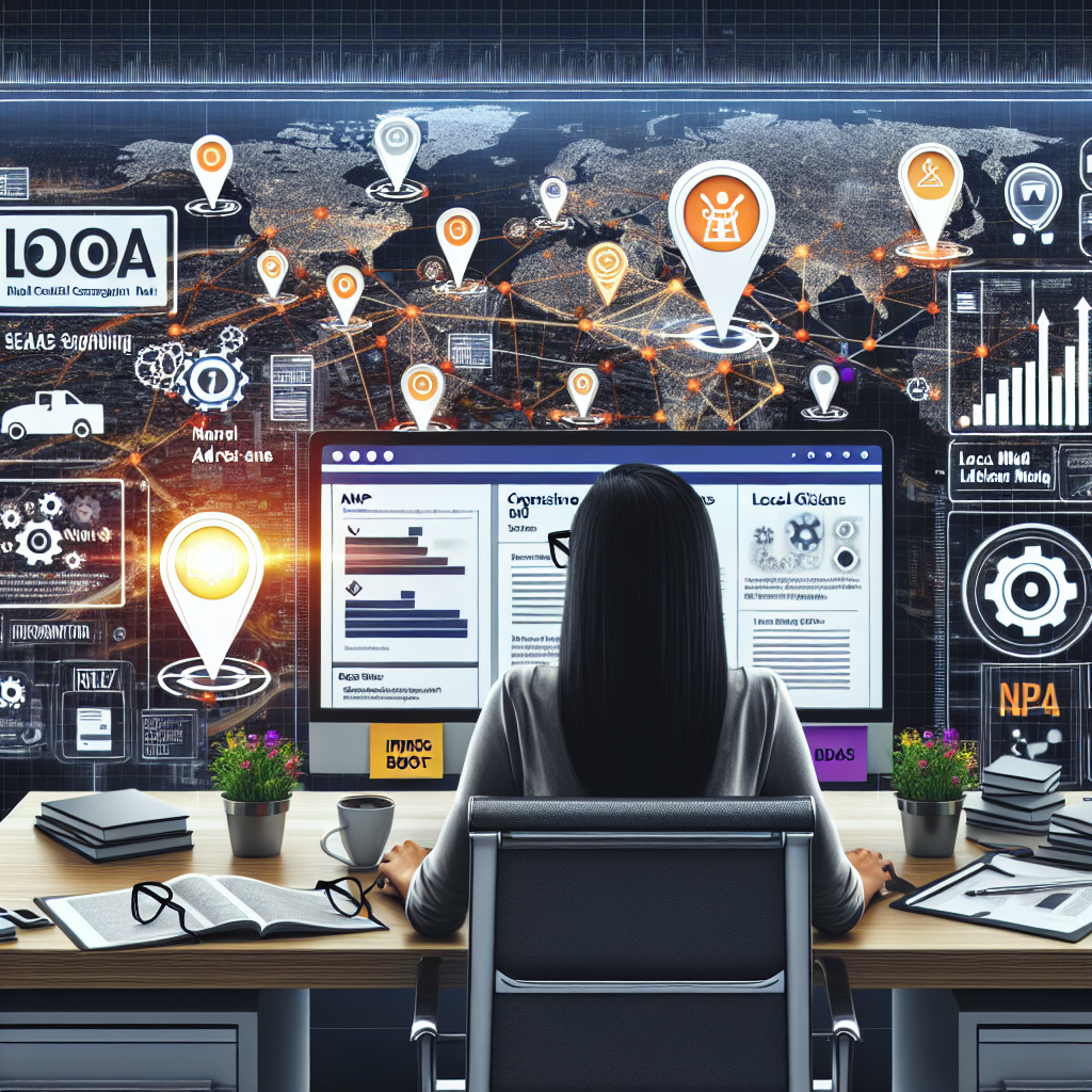 A highly detailed image of a digital marketing campaign map pinpointing local citations in various locations around a digitally represented city, with a data analyst uploading consistent NAP (Name, Address, Phone number) data. Show the analyst as a young South Asian woman, with glasses, sitting at a modern work station with multiple screens displaying infographics related to local SEO strategies. Include clear visual elements such as arrows showing a boost, and SEO graphics to symbolize the optimization of local citations. Provide additional visual representation of tips and tricks through images of checklists, idea lightbulbs, and gears working in harmony.