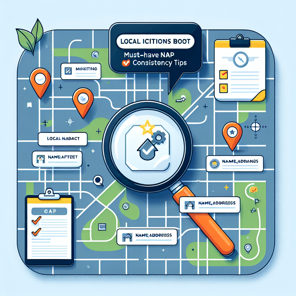 Visualize an informative illustration depicting the concept of local citations boost with must-have NAP (Name, Address, Phone number) consistency tips. The image should feature different components such as a map representing the 'local' aspect, a magnifying glass symbolizing 'boost', and a checklist signifying the 'consistency tips'. The presence of subtle icons or imagery that represents name, address, and phone number should highlight the 'NAP' aspect. The image should convey the importance of maintaining NAP consistency in boosting local citations and subsequently, local SEO.