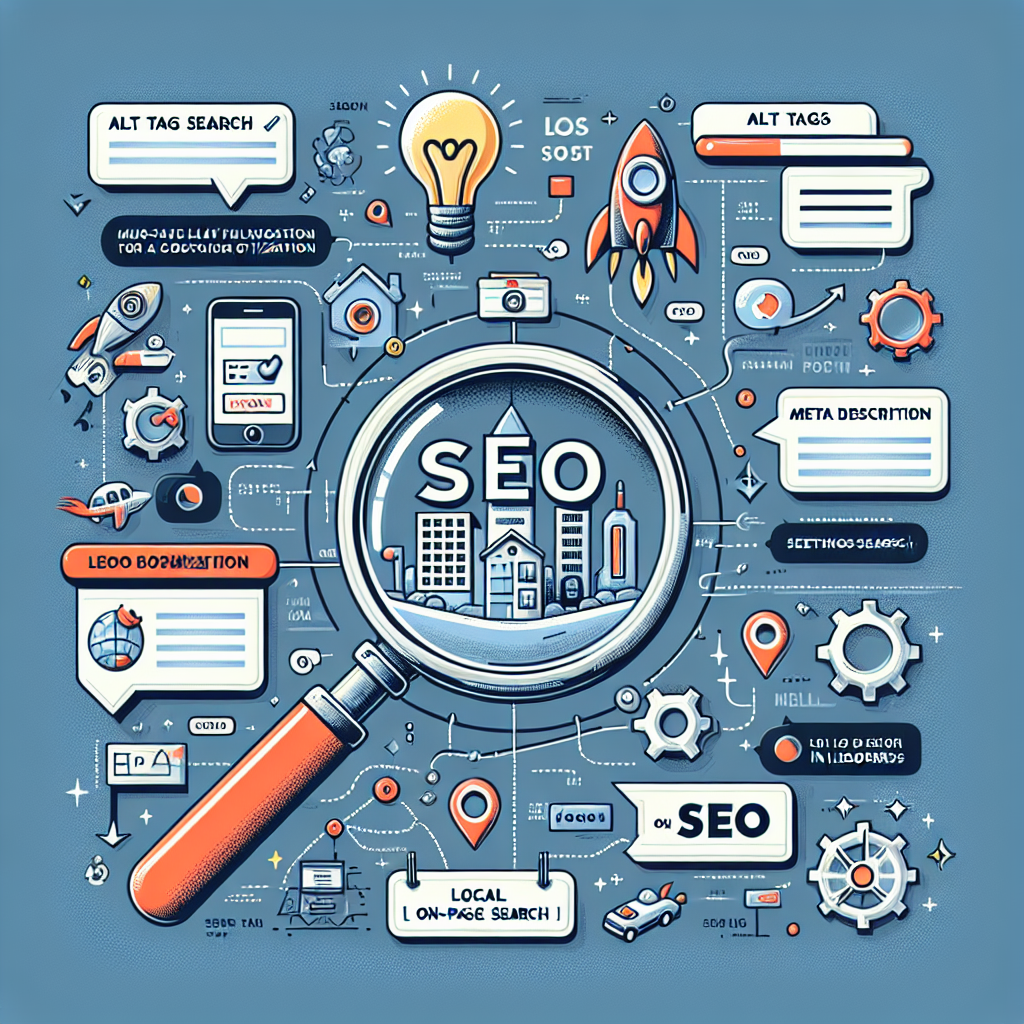 An illustrative concept for a Local On-Page SEO Boost. Imagine an infographic showing various elements of SEO optimization. In one part, depict a magnifying glass scanning over a webpage full of SEO-friendly keywords. Nearby, show a diagram indicating how local search works, perhaps by using a dotted line from a search bar to a local business on a city map, symbolizing conversion. Also, there should be a checklist indicating must-have tips for easy optimization like 'Alt Tags', 'Meta Description', 'Keywords in Headers'. Sprinkle some icons around for visual appeal, such as a lightbulb to represent ideas, a gear for settings optimization, and a rocket for boosting SEO.