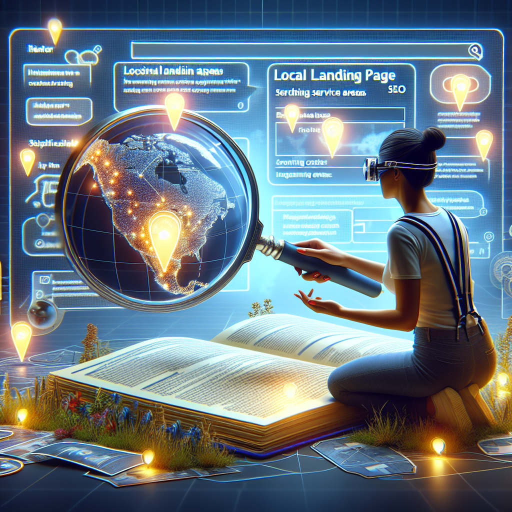 Visualize a detailed scene capturing the essence of Local Landing Pages SEO. To the left, have a physical rendering of a local landing page complete with headers, images, and search-friendly keywords. Display a magnifying glass above it, focusing on the important areas. To the right, show a geographical map indicating several service areas, each area highlighted with glowing dots. Add floating snippets of engaging contents above each area on the map. Now on top of everything, portray a digital marketing professional, a Hispanic woman, meticulously crafting this stunning and optimized content with dedication.