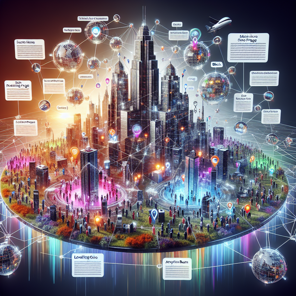 Visualize an intricate web representing SEO strategies among scenic city pages, illustrated as futuristic skyscrapers on a floating digital island. Diverse human representations are busily interacting with this complex network, hinting at a vibrant community of Hispanic, Caucasian, Black, Middle-Eastern, and South Asian SEO professionals. A clear focus is on 'Local Landing Pages', depicted as standout monuments within the cityscape. Important 'must-have service area content' elements are subtly highlighted in vibrant colors, while analytics results surge like neon rivers within this digital landscape. The elements of this image encapsulate the essence of local landing page SEO.