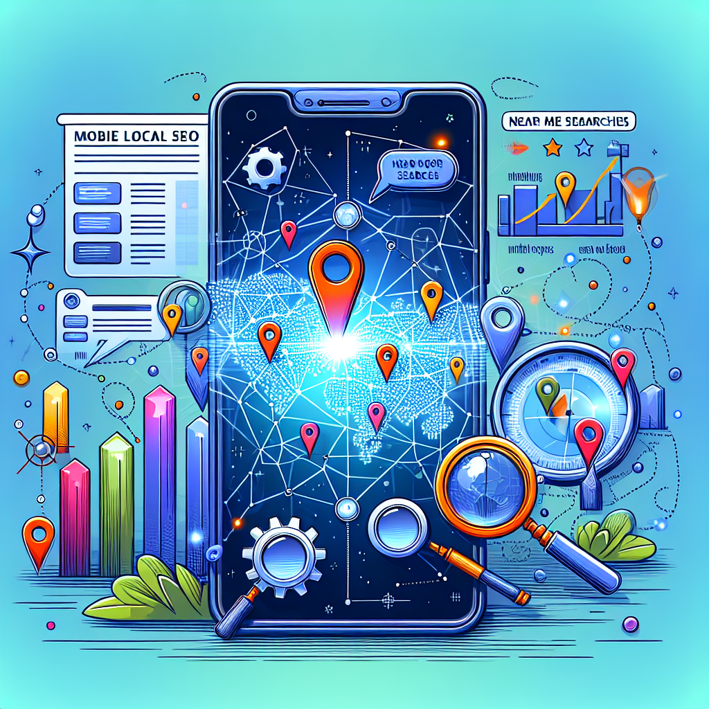 Illustrate a dynamic scene embodying the concept of 'Mobile Local SEO'. Picture a large mobile phone in the center, its screen glowing with a surreal, intricate digital map dotted with various icons representing local businesses. Around the phone, include symbols of key SEO strategies such as cogwheels, magnifying glasses on keywords, and bar graphs showing improvement in search engine rankings. Also incorporate the phrase 'Near Me Searches' in stylistic, bold lettering. Finally, dotted lines should connect the phone's map to the SEO symbols, indicating the strategy connection.
