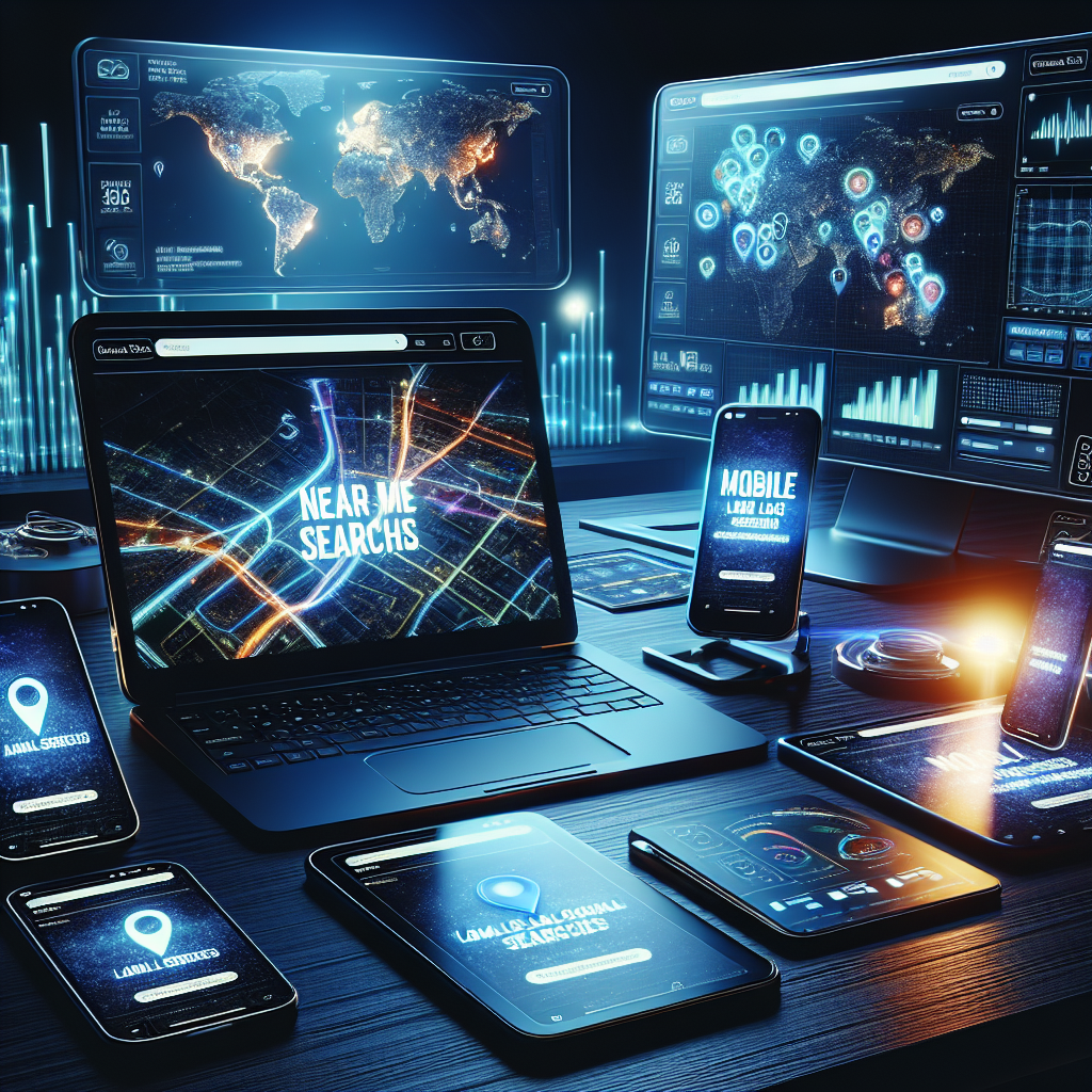 A carefully organized workplace with a variety of high-tech devices including a sleek smartphone, a lightweight laptop, and a digital tablet. These devices display different search engine interfaces with the text, 'Near Me Searches'. A bright city map highlighted with several locally optimized search results is visible on the larger screens. Over this intense tech atmosphere, hangs a glowing sign with 'Mobile Local SEO' written on it in bold letters. The background subtly demonstrates graphs and charts indicating growth and progression, revealing the effectiveness of the strategies. A blend of modernity and proficiency pervades the scene.