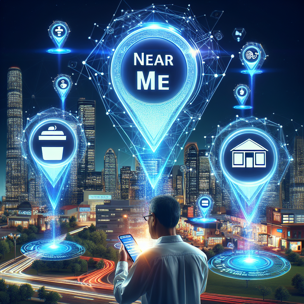 Consider an image depicting a successfully implemented local SEO strategy. A futuristic cityscape serves as the background. In the foreground, a person of South Asian descent is shown using a smartphone. The words 'Near Me' glow brightly on the screen of the smartphone, suggesting a search query. Around the person, pop-up holographic screens display a variety of local businesses such as a coffee shop, a bookstore, a bakery, and a fitness center. From the top of the businesses, beacon-like signals radiate upwards, symbolizing their strong online presence due to effective SEO strategies.