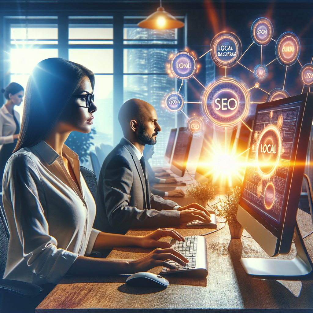Envision a scene set in a bustling office, where a dedicated team of SEO professionals, including a Caucasian woman and a Middle-Eastern man, are ardently working on computers. Highlight on their screens a flowchart depicting successful SEO strategies, with emphasis on local backlinks. Infuse the image with an atmosphere of effortless success, symbolized by a glowing, rising sun in a nearby window. The setting and the confident, determined expressions on the workers' faces should reflect the importance and effectiveness of local backlink strategies for SEO success.
