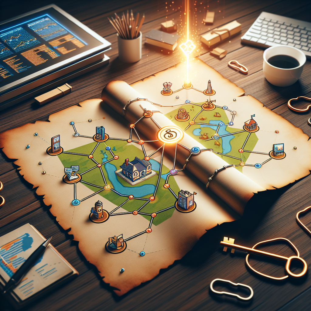 An illustrated scene illuminating the concept of local backlinks in SEO. The image features a treasure map spread open on a wooden desk. The map shows various types of local landmarks such as public parks, libraries and small businesses, each connected by dotted lines or threads to represent the 'backlinks'. In one corner of the desk, there's a glowing golden key labeled 'SEO Success'. In another corner, there are several computer screens displaying various SEO related data and graphs. This image helps communicate the importance and strategies of local backlinks in SEO success.