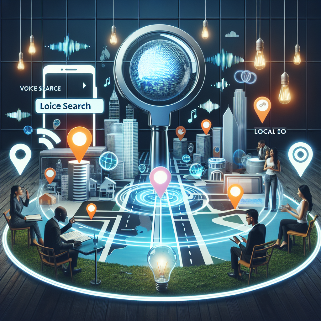 Visualize a detailed scene signifying local SEO optimization for voice search. Illustrate a magnifying glass hovering over a city map, highlighting local businesses with 3D pins. Next to the map, show an animated smartphone with sound waves emanating from it, indicating voice search. Across the scene, overlay relevant keywords and phrases like 'voice search', 'local SEO', and 'optimization'. Illuminate the scene with light bulbs scattered around, signifying the bright ideas or tips for effortless optimization. Set the scene in a comfortable, modern office environment with a diverse group of three professionals, one Hispanic female, a black male, and a Caucasian female, discussing strategies.