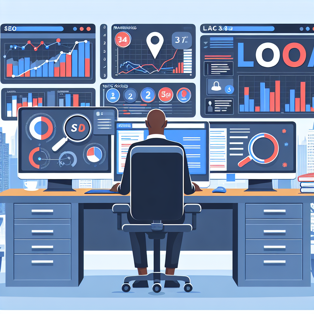 Illustration of an SEO analyst sitting at a modern workplace filled with screens showing various local SEO analytic graphs and charts. The person, a Black male, is intently studying a dashboard depicting local search volume, keyword rankings, traffic sources, and location-specific conversion rates. Aside from his workspace, the background displays a city skyline, symbolizing the local aspect of his job. This scene represents a must-have strategy for effortless success in Local SEO analytics.