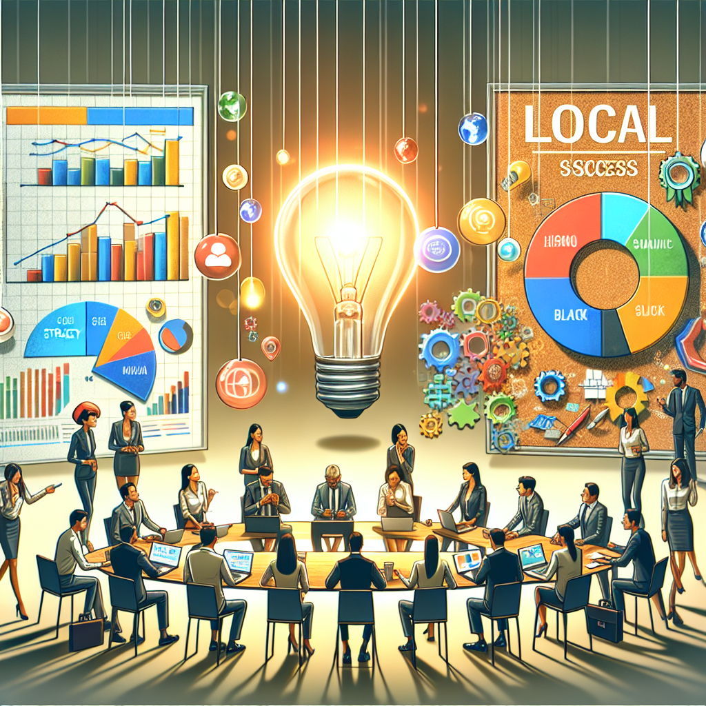 Visualize a scene of a bustling office environment where employees of different genders and descents (Caucasian, Hispanic, Black, Middle-Eastern, South Asian) are engrossed in strategizing Local SEO Analytics. Include the elements like a large screen displaying colorful graphs representing data and analytics, a round table meeting with people brainstorming, a cork board pinned with strategy notes, and a giant light bulb symbolizing the 'Eureka' moment of discovering a must-have strategy. A big headline in soft-focus in the background reads 'Effortless Success with Local SEO Analytics'.