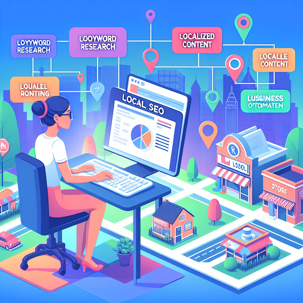 Illustrate a digital landscape emphasizing on local SEO strategies. The foreground should have a Caucasian female digital marketing specialist optimising a business profile on a computer. Next to her is a flowchart with strategies like 'keyword research', 'localized content', and 'Google My Business optimization'. Also include diverse store icons representing local businesses on a map on the background of the image, symbolizing local SEO reaching different businesses in the neighbourhood. The scene should be vibrant, keeping in line with a professional and positive atmosphere.