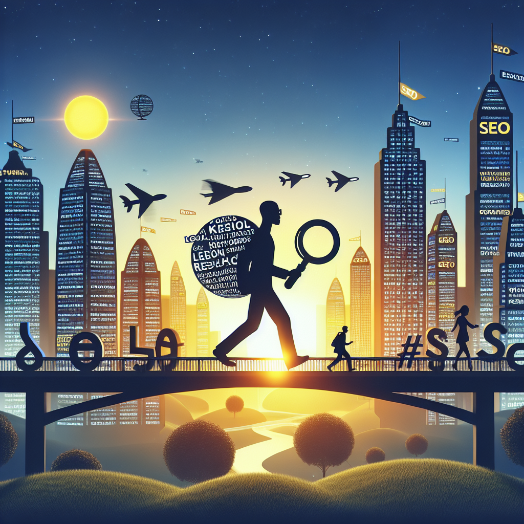 Depiction of a cityscape seen through silhouette shapes of various SEO analytics symbols, like magnifying glass, world wide web globe, and keywords. On the scene, a character of Black descent is effortlessly walking across a bridge formed by the phrase 'Local Keyword Research'. He is carrying a backpack full of words representing SEO tips for city-specific optimization. The skyscrapers represent popular search engine logos. The ambiance of the scene should be vibrant and active, reflecting the bustling nature of SEO efforts. It's day time with a golden sun representing the boon of SEO shining high in the sky.