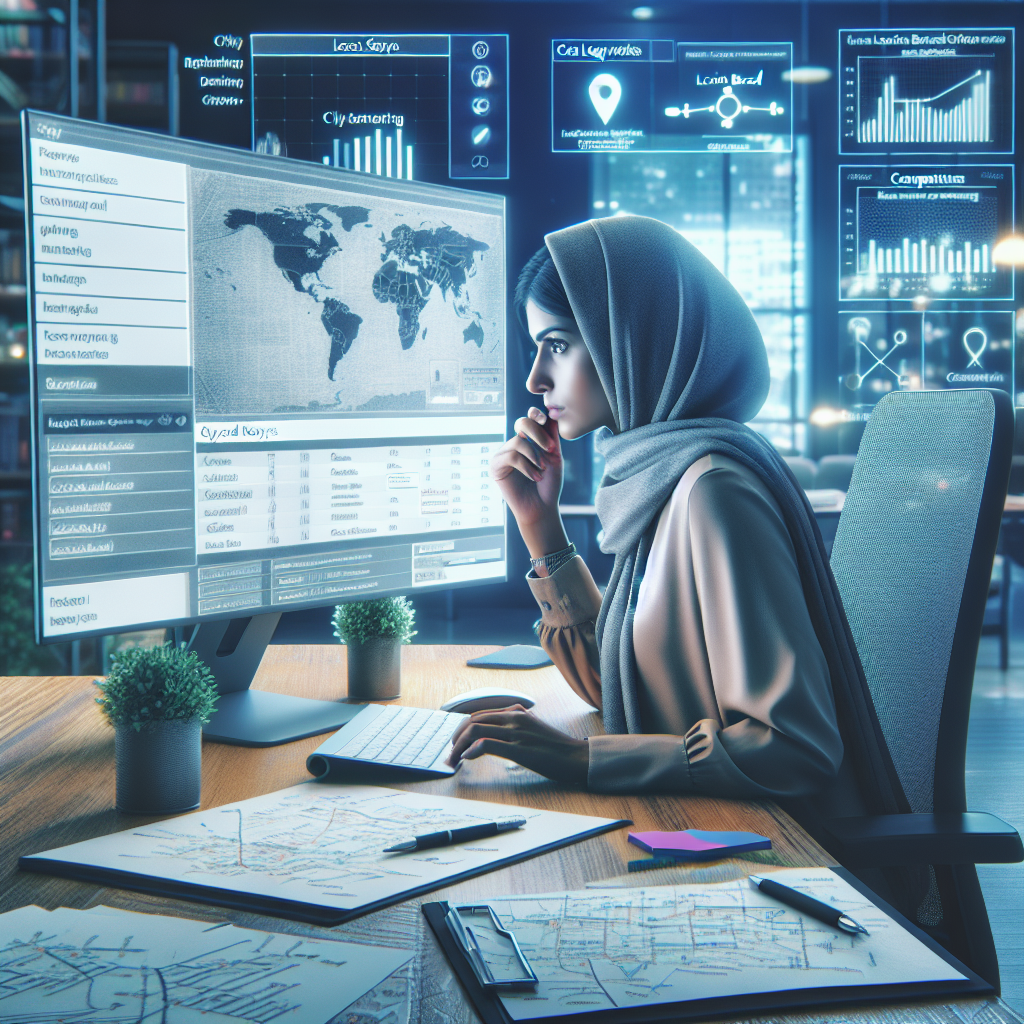 Create a detailed image of a female Middle-Eastern SEO analyst in a modern office, engrossed in city-specific keyword analysis on her computer screen. Include visual aids like bar charts and maps in the software, emphasizing different cities. The atmosphere should reflect diligence and focus. Show papers scattered nearby with handwritten notes and highlighted points. Additionally, illustrate a digital whiteboard in the background with brainstorming ideas for enhancing local SEO, such as 'Location based keywords', 'Competitor analysis', 'Use of local events' etc. The image should convey the intricacies and importance of local SEO research.