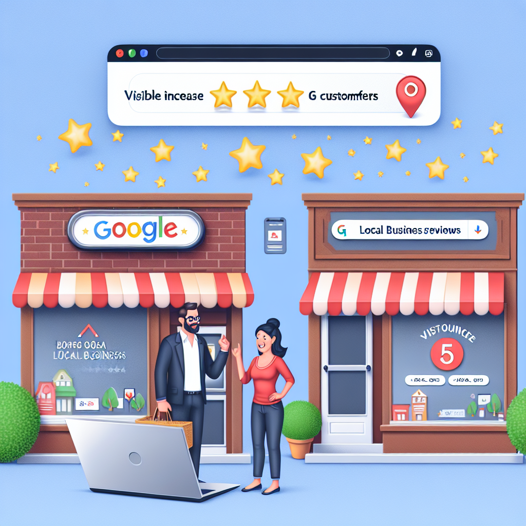 Envision an engaging scene displaying the concept of local business reviews boosting Google SEO. Two small storefronts, one owned by a Caucasian man and the other by a South Asian woman. They're enthusiastically discussing visible increase in customers. On the side, include a laptop screen showcasing a Google search engine showing their business names on top of search results. In the background, sprinkle five-star reviews, suggestive of positive local feedback. Use subtle elements to indicate the simplicity of the process and the significant outcome.