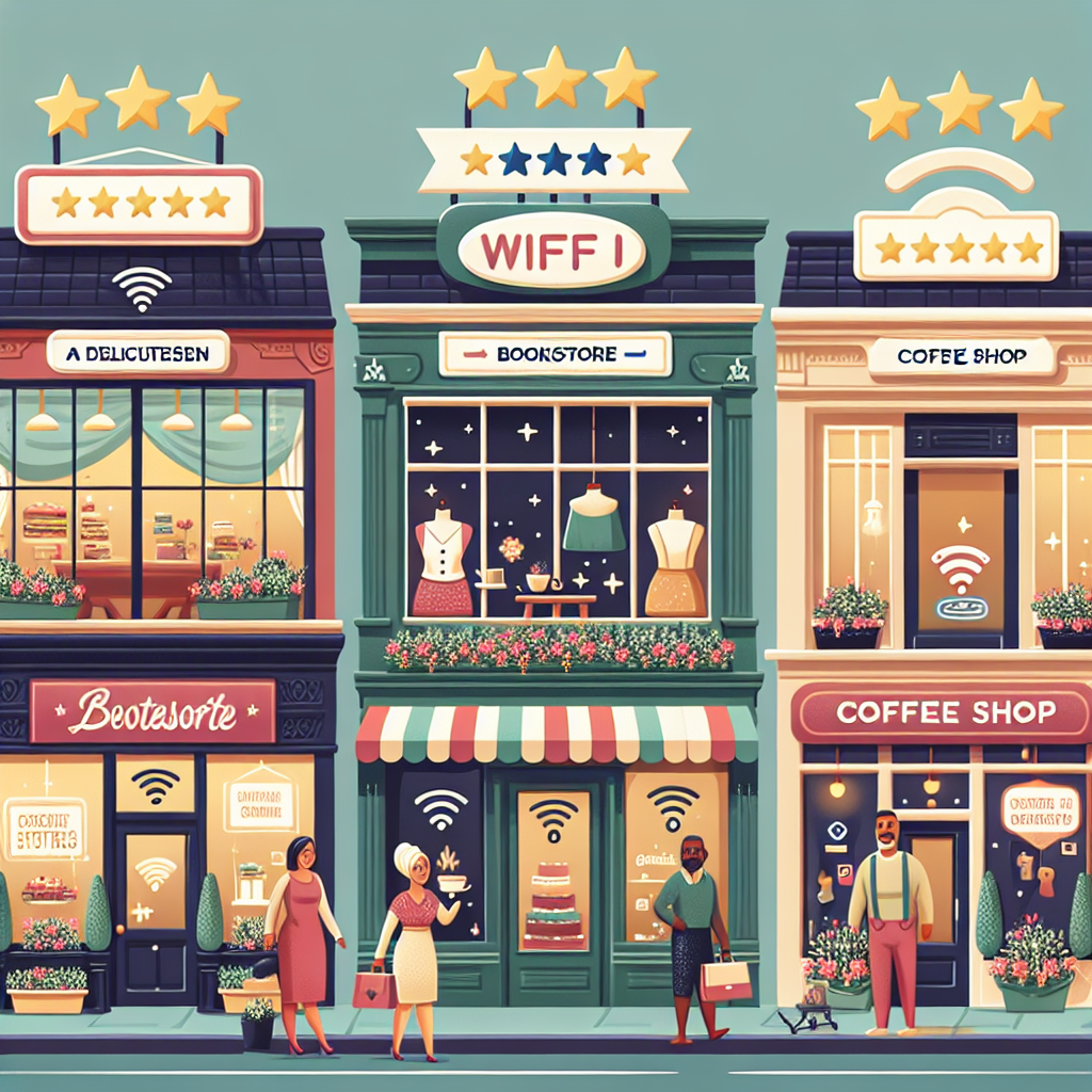 Showcase an image that represents a lively street brimming with different local businesses. On the street, there's a delicatessen run by a Caucasian woman, a boutique clothing store managed by a Hispanic man, a bookstore owned by a Middle-Eastern woman, a coffee shop run by a South-Asian man, and a flower shop managed by a Black woman. Display each storefront proudly displaying signs of positive customer reviews, with stars and praise. The businesses should radiate a clear digital presence, with wifi symbols and Google logo elegantly integrated in design. Imbue a sense of vitality and successful local SEO.