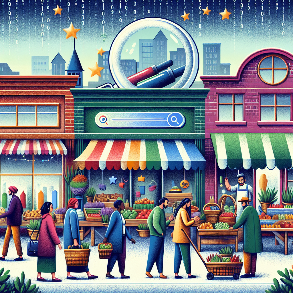 Illustrate a bustling, colorful small-town marketplace with diverse local shops. Capture activity suggesting a vibrant local economy: a Black woman checking out handmade baskets in a store, a Hispanic man buying fresh produce at a farmer's market, a Caucasian woman having a conversation with a Middle-Eastern man at a coffee shop, and a South Asian man browsing through a bookstore. A hovering icon of 5 stars implicating high customer ratings can be seen above each business's signage. Behind the scene, subtly weave in elements suggesting Google SEO: a magnifying glass, search bar, keywords like 'Local Business', 'Reviews', and 'SEO'. The sky could transition into a digital binary code, symbolizing the digital world's impact on local business.