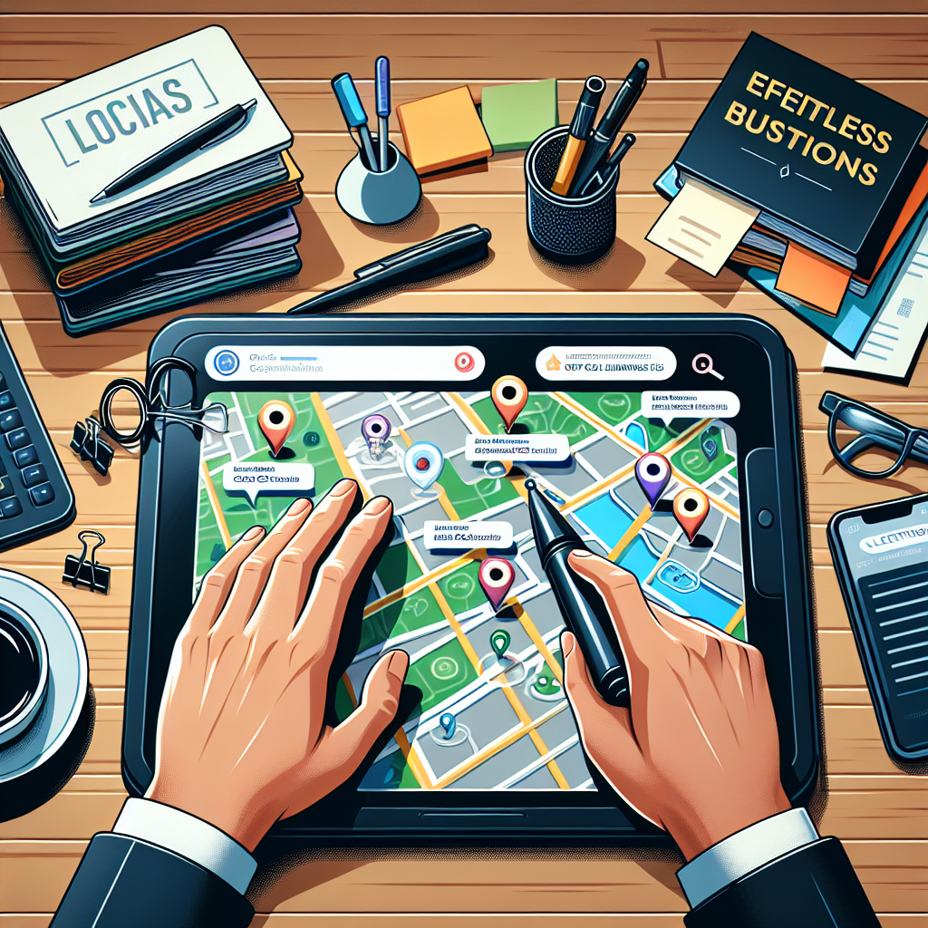 Illustrate an engaging scene that portrays the concept of local citations for business listings. The image should contain a well-organised office desk with a digital device displaying a map with GPS location markers, pointing to various local businesses. A hand of an Asian male entrepreneur is interacting with the screen, implying his engagement with the local citations. Another context could be a stack of different city maps on the desk, each carrying local business listings. Lastly, incorporate relevant items such as a coffee mug, stationery, and a guidebook titled 'Effortless Business Listings' to reinforce the theme of the image.