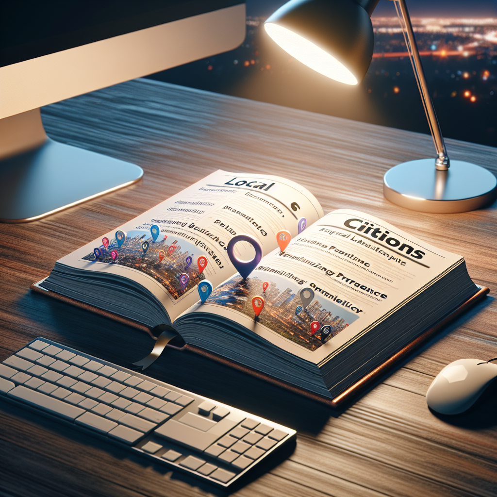 Visual representation of an accessible and user-friendly guide-book placed on a wood-textured desk, with chapters visibly labeled with topics such as 'Local Citations', 'Effortless Business Listings', 'Optimizing Presence', and 'Maintaining Visibility'. Beside the open guide, a modern computer keyboard and a mouse can be seen, symbolizing digital control and information technology. The scene is lightly illuminated by a desk lamp shining a warm light over the desk, creating a focus on the guide book. In the background, a softly blurred cityscape at twilight, representing the local business environment.