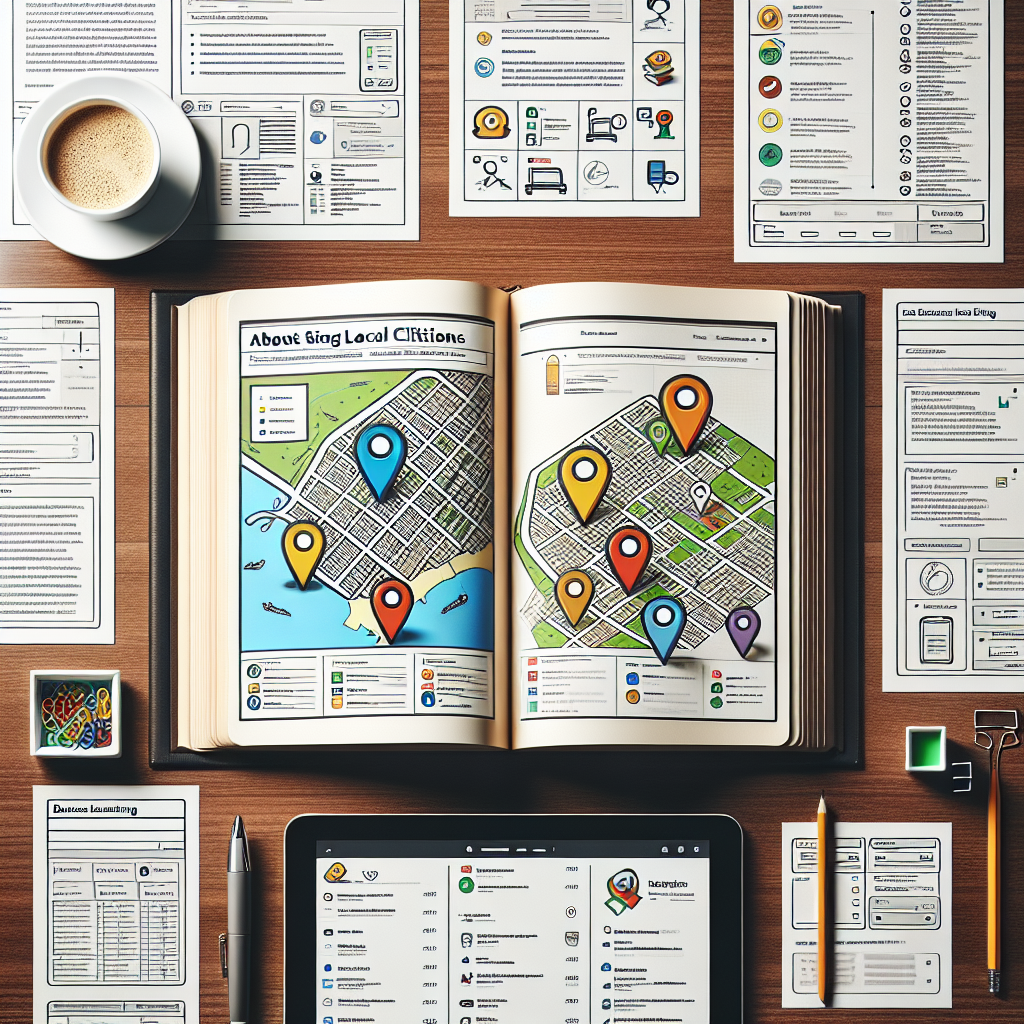 Please generate an image showcasing a comprehensive guide about local citations for business listings. The image should depict a neatly arranged desk with an open book in the middle, displaying a detailed map highlighted with colorful location markers. Surrounding the book, a few sheets of paper should be laid out, dotted with hand-drawn diagrams and listings of various businesses. There should also be a digital tablet viewport showing a clean, user-friendly interface of a business listing application. To complement the scene, bring a steaming cup of coffee next to the open book, symbolizing an effortless task ahead.