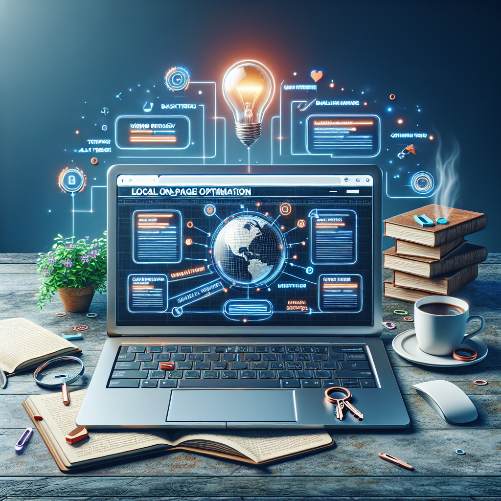 A detailed image describing the concept of Local On-Page SEO optimization. Picture an open laptop screen containing an illustrative webpage with optimized metadata in the title, tags in headers, and alt text for images. The laptop is placed on a rustic wooden table. Some scattered SEO related books are around it with titles such as 'Keyword Strategy', 'Backlink Building', and 'Content Marketing'. A light bulb is glowing above the laptop, symbolizing new ideas and strategies. Nearby, a steaming cup of coffee is placed signalling continuous effort. The overall color scheme of the scene is soothing to the eyes and the ambiance is serene.