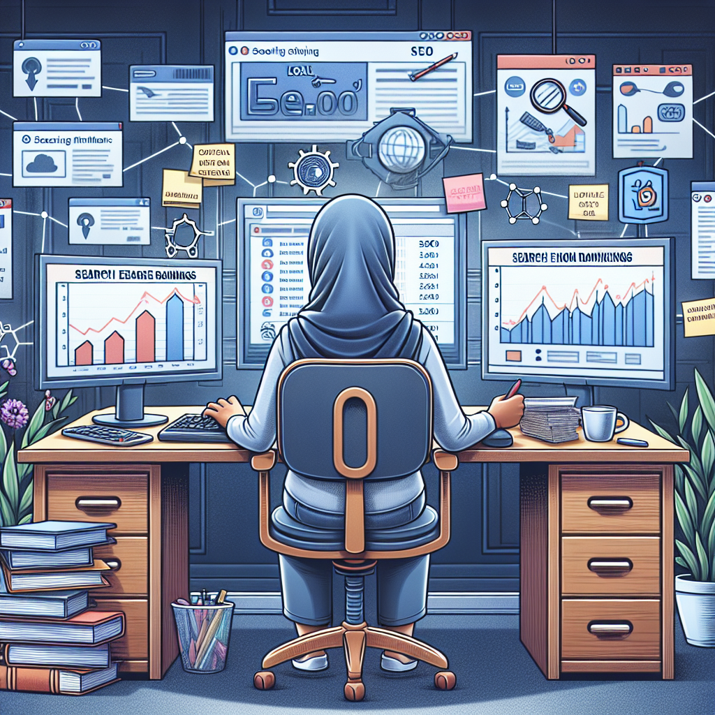 Visualize a tech-savvy individual diligently analyzing and optimizing a locally themed website for better SEO. She's Middle-Eastern, sitting in a cozy workspace with multiple monitors displaying various SEO tools, charts, and graphs. On one screen, there are search engine rankings showing improvement. Beside her, a stack of books about advanced SEO strategies. On a sticky note, she's written 'Local SEO Secrets'. Elements of the image should suggest small-town charm mimicking local orientation. Subtle representation of common SEO symbols - such as keywords, backlinks, and meta tags - should also be present to fortify the theme.