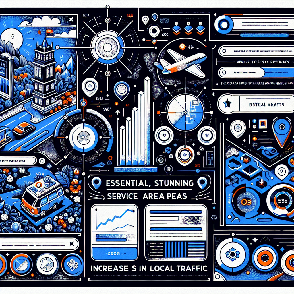 Create a detailed and vivid image showcasing distinctive elements of a local landing page used for Search Engine Optimization (SEO). Various elements might include a large, readable header stating 'Essential, Stunning Service Area Pages', interactive buttons for various services, awe-inspiring local pictures, intricately designed icons indicating the type of services provided, and a map showcasing the service area. An SEO metric visualizer in one corner would depict increases in local traffic. The color scheme should be primarily blue and white, evoking a professional and reliable image. All elements should demonstrate high-quality design and attention to details.