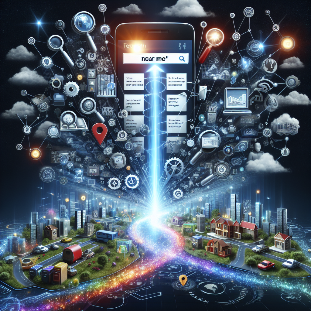 An intricately detailed visual representation of the concept of Mobile Local SEO. In the foreground, there's a depiction of a smartphone displaying a search engine page with 'Near Me' searches. The surrounding area is a wealth of local landmarks and businesses of various types. From the phone screen, beam of light emerges, connecting the 'Near Me' search to the local businesses. Complement this with floating symbols of SEO like gears, magnifying glasses, and graphs, indicating the synergy between technology and localization. A visually engaging pathway of colorful, pulsating data links the elements together, symbolizing the seamless integration of virtual and physical spaces.