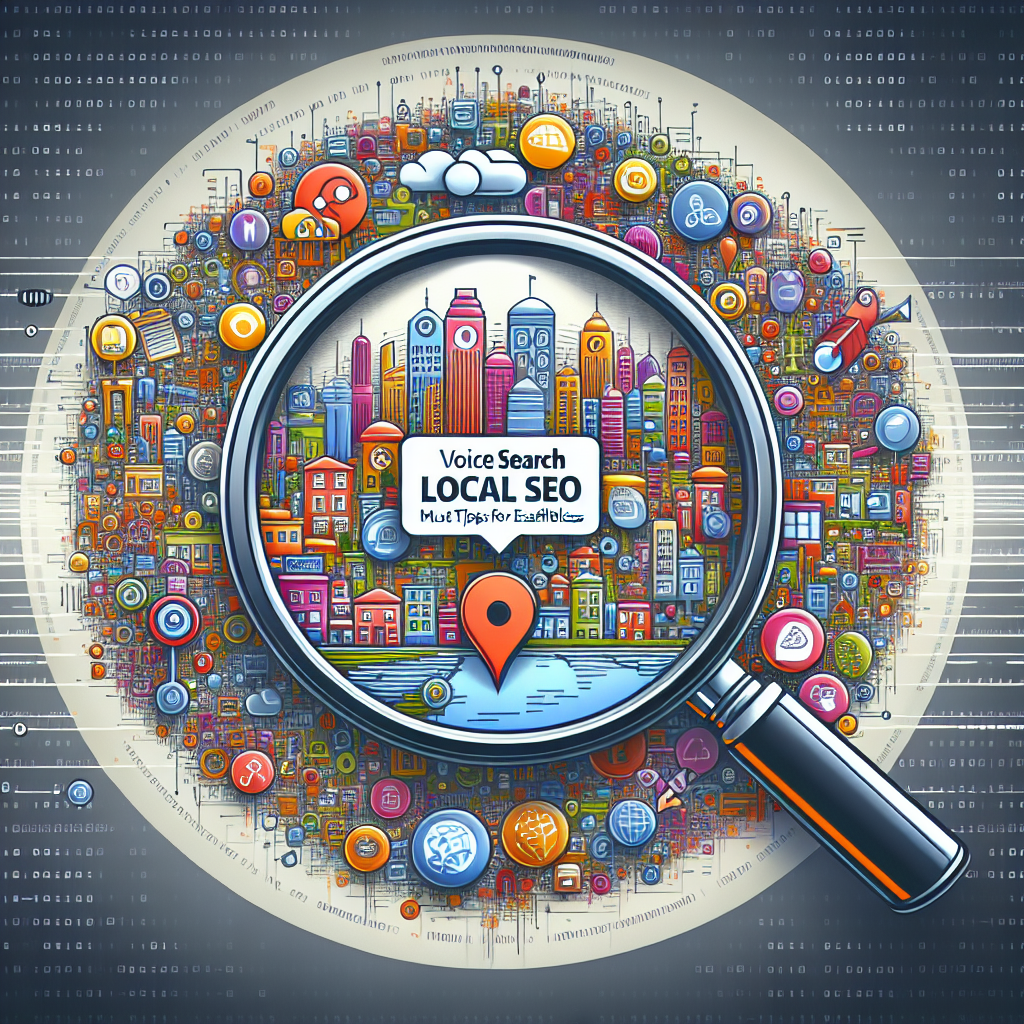 Imagine an intricately designed concept for an article cover. The primary feature is a magnifying glass highlighting a stylized map of a colorful city full of various, bustling, local businesses. Within the magnifying glass, a series of SEO-related icons are depicted, representing terms like 'keywords', 'backlinks', 'meta-data', and 'analytics'. Above the city, a large speech bubble hovers containing the words 'Voice Search'. On the background, faint lines of binary code navigate across the image, showcasing the digital nature of the topic. The title 'Voice Search Local SEO: Must-Have Tips for Effortless Optimization' is boldly placed atop the image in a clean, easy-to-read font.