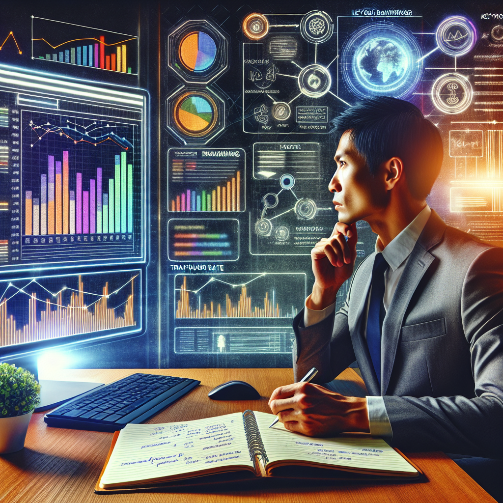 Conceptualize a business-themed image, presenting the intricacies of local SEO analytics. Think of a large, bright computer screen displaying a colorful bar and line graphs along with various SEO metrics like 'Keyword Rankings', 'Traffic Source', 'Click Through Rate', etc. Nearby, an individual, Asian male in smart casual attire, looks intensely at the data. On a table next to him, a notebook is open, revealing written tips about SEO. The atmosphere should imitate the dynamic and focused nature of digital marketing analytics.