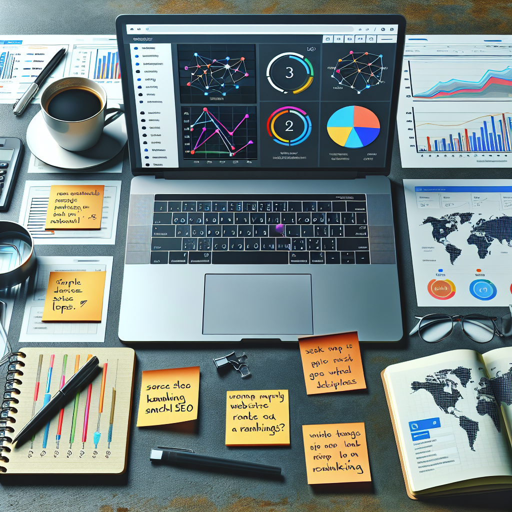 Create an image of a laptop screen populated with an analytics dashboard showing various charts, graphs, and SEO data. Scatter around a few post-it notes with written essential tips for tracking KPIs and rankings on the table. On the screen is a dynamic map pinpointing local businesses, alongside a linear graph showing website ranking progression over time. On the side of the laptop, present a cup of coffee and a notebook to hint at a work station. The overall mood of the image should convey strategic analysis, emphasizing local SEO management.