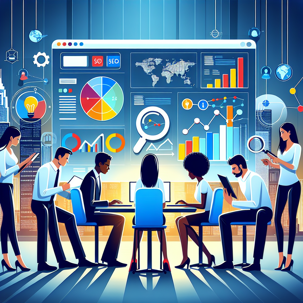 Provide an illustrative representation of a local SEO analytics concept. In the foreground, depict a diverse professional team, including a Hispanic male, Black female, and Middle-Eastern female, huddled around a large computer screen analyzing charts and graphs. The screen should display colorful diagrams representing keywords tracking, rankings, and key performance indicators. Additional elements should include a cityscape in the background suggesting localization, along with diverse symbols of SEO optimization such as a magnifying glass, web, and world globe. Convey a tangible sense of teamwork, concentration, and digital professionalism.