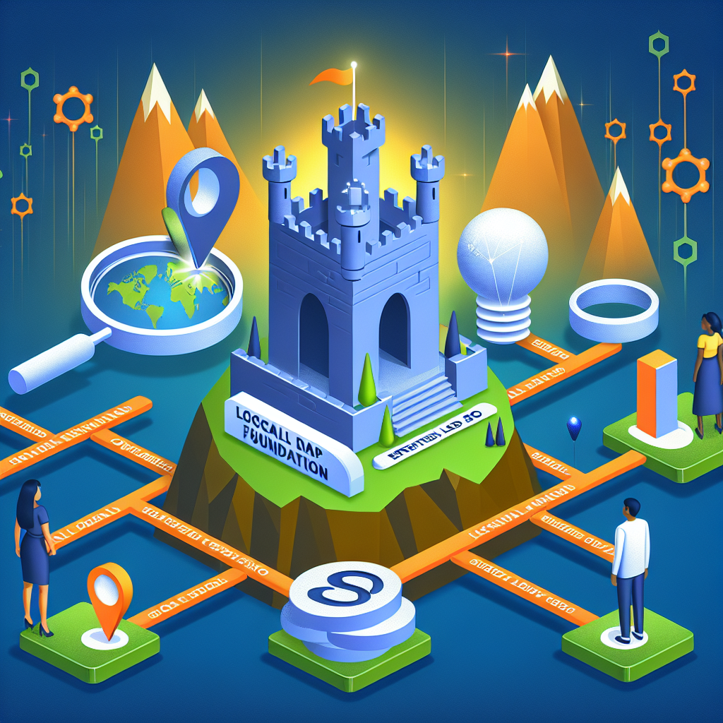 Depict a layout of a conceptual diagram that illustrates the strategy for local keyword research on a digital platform for an effortless local SEO. The process of research leads to a solid data foundation (possibly represented by a fortress or a strong structure), a pinpoint on a world globe highlighting the local area of focus, and a bright pathway leading to the top of an SEO mountain symbolizing success. Additionally, consider portraying two people, one Asian male and one Black female, standing beside this path, signalling teamwork, and diversity in the tech industry. Also, include some ones and zeros flowing in the background to represent the digital nature of the work.