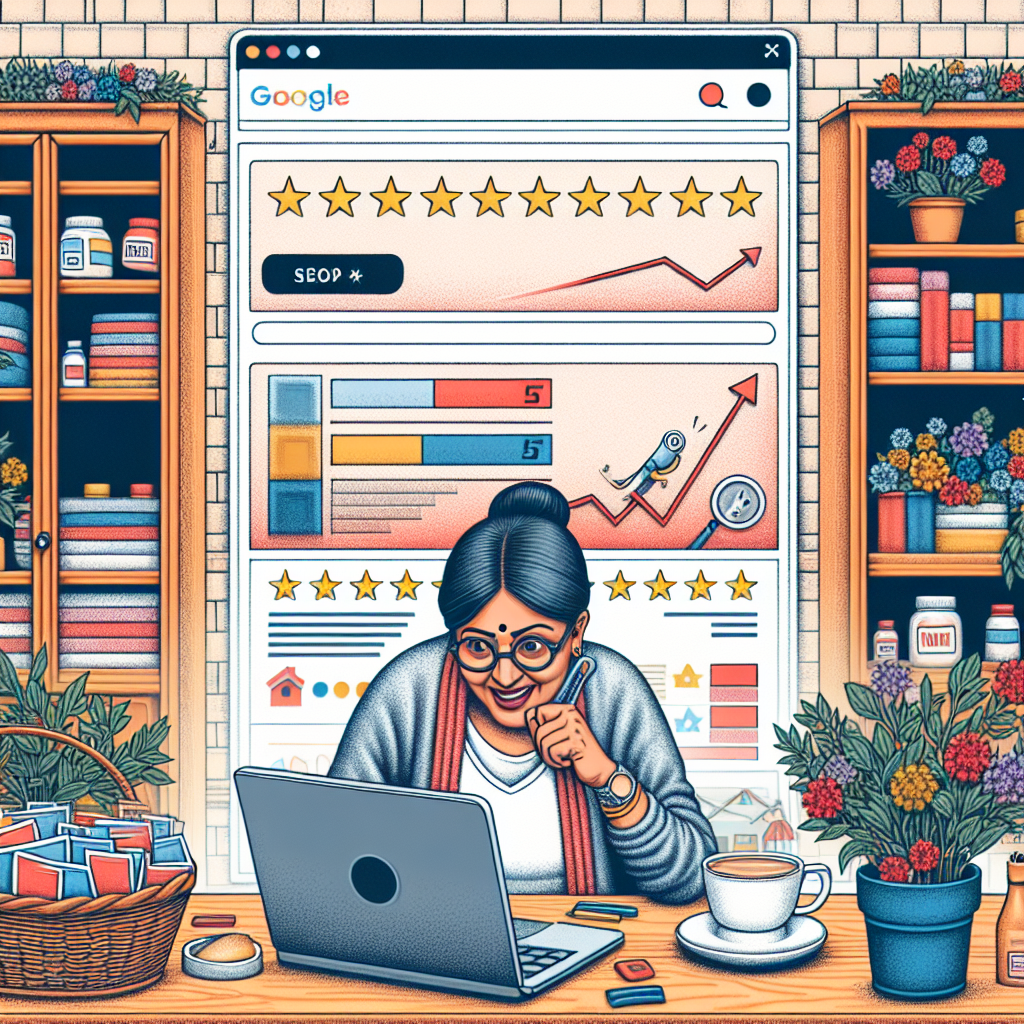 Visualize an engaging, detailed scene that embodies the theme of local business reviews boosting SEO for effortless growth. Picture a bustling local shop with a wide variety of colorful products arranged neatly on wooden shelves. Behind the counter, a South Asian woman, the shop owner, is engrossed in checking her laptop, her eyes wide with joy as she sees her business's page rank climbing on a search engine page, indicated by a graphical representation. Nearby is a visible customer review section with five-star ratings from different demographics, each contributing to the influx of customers inside the store.
