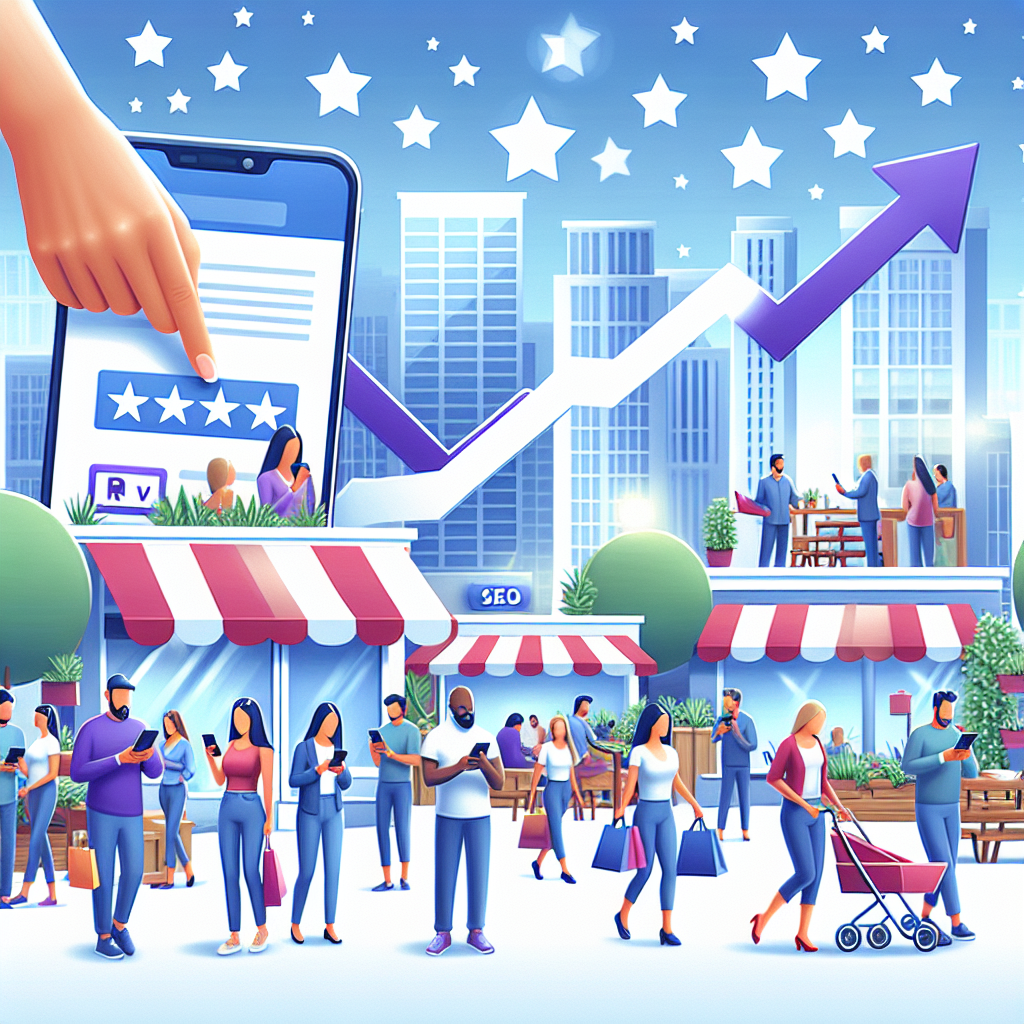 Render an engaging image for a blog article about Local Business Reviews. The scene should depict a diverse group of people actively engaging with businesses in a local market or shopping district. Some of these people are writing reviews on their smartphones, while others are reading reviews and making purchasing decisions. Highlight the connection between these activities, showing a few businesses thriving as a result of the positive reviews. Also, weave in some subtle visual cues to represent growing search engine rankings, like a graph showing upward trend or an SEO icon.