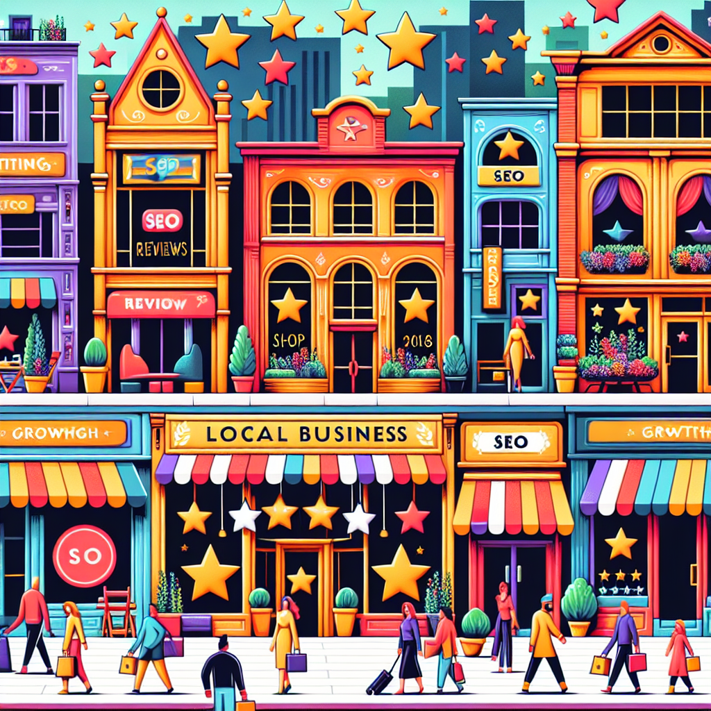 A vibrant illustrated scene showcasing a bustling city street adorned with various local business stores. Each store has a distinct and unique design representing their trade, from a quaint bookshop and a cozy cafe to a classic barber shop and a vintage clothing boutique. Visible on their storefronts are large rating stars, emphasizing the importance of good reviews. Digital elements such as SEO keywords and growth charts are cleverly integrated into the scenery, demonstrating the impact of SEO boosts. People of different genders and descents are shown walking into the stores, symbolizing increased traffic and growth.