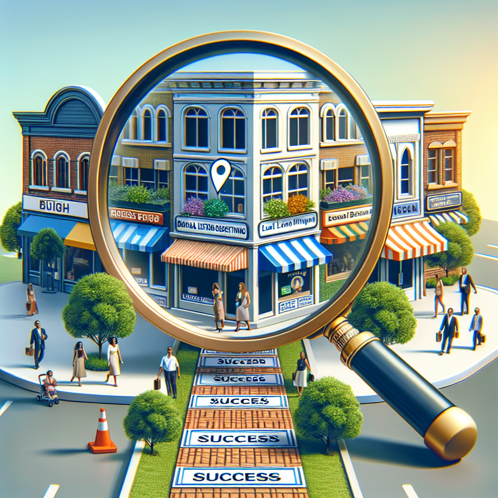 Create a highly detailed image depicting the concept of local citations within a business context. Show a main street scene where various diverse small businesses from different sectors are present. The storefront of every business should feature a business listing (pls include their name, hours, and contact details). Place an oversized magnifying glass somewhere in the scene, symbolizing the essential & effortless nature of these local citations. Also depict a pathway made of plaques bearing the word 'success', to highlight the importance of these business listings for success. Ensure an afternoon setting with clear weather.