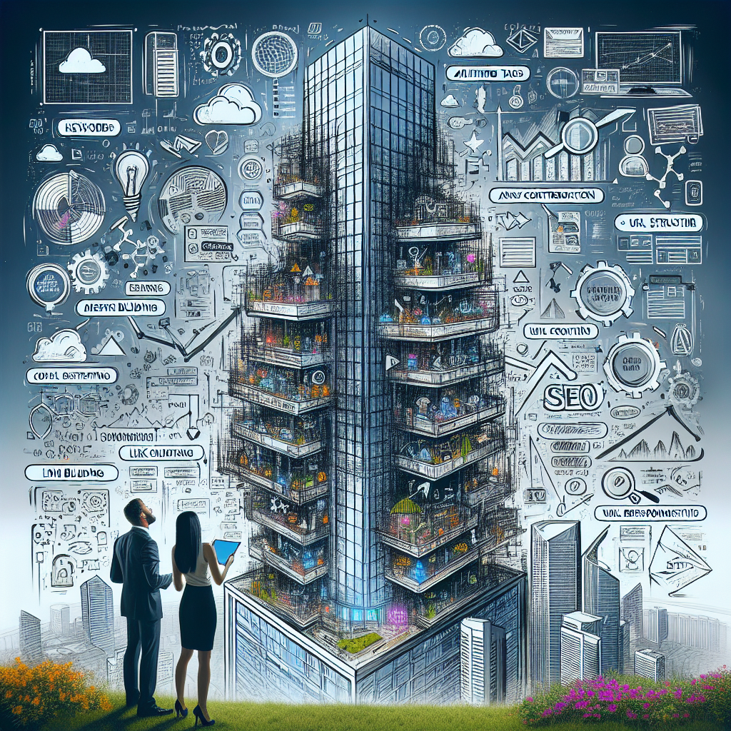 Illustrate an image of a high-rise building that is transformed into a symbolic representation of a SEO optimization process. The lower floors are filled with basic SEO terms and concepts, such as 'keywords', 'meta tags', 'URL structure', represented using abstract signs and symbols. As we ascend, the complexity of the strategies showcased increases, illustrating advanced SEO techniques like 'link building', 'authority content creation', 'UX optimization' and 'mobile responsiveness' on the higher floors. A Caucasian man and a Hispanic woman, both dressed as digital marketers, are seen examining a large blueprint of the building.