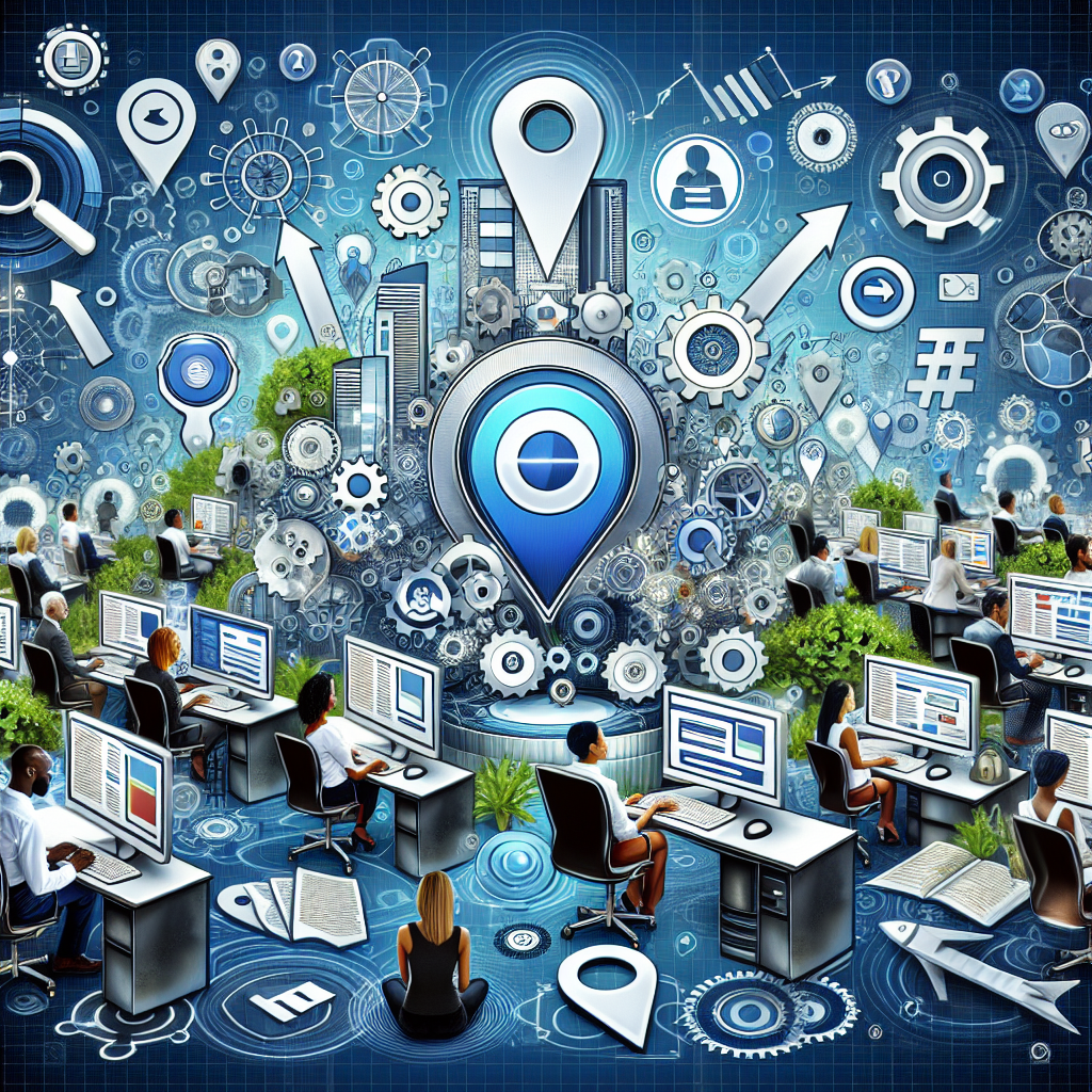A highly detailed image representing the concept of Local On-Page SEO tips and essential optimization strategies. The image should include diverse business owners from various descents such as Caucasian, Hispanic, Black, Middle-Eastern, and South Asian, working seamlessly on their computers. Around them, we see dynamic, flowing arrows and gears symbolizing the behind-the-scenes SEO work. Key icons like search bars, hashtags, and location pins should be included to signify local SEO. The overall color scheme should lean towards shades of blue and green, synonymous with growth and digital technology.