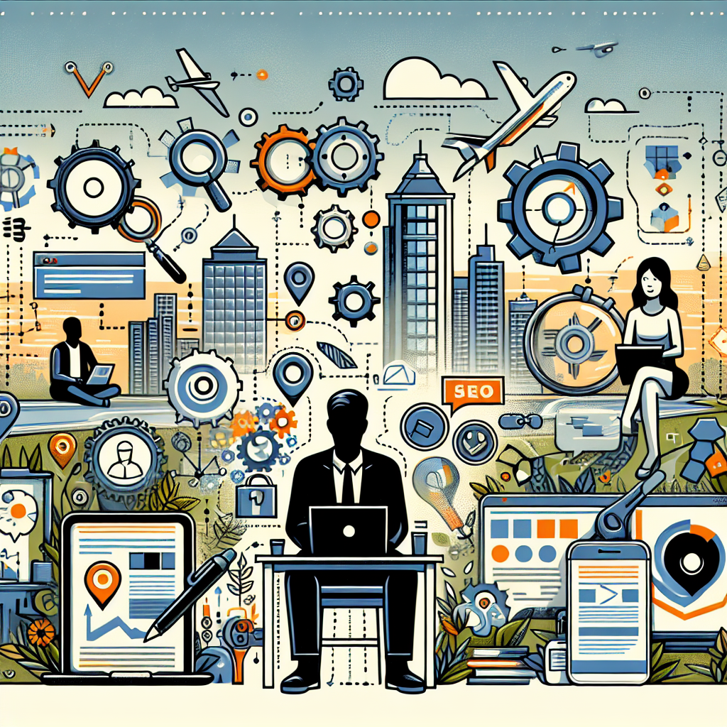 Visualize an illustrative, conceptual representation encompassing the topic of Local On-Page SEO tips and strategies. This digital adaptation should clearly illustrate the technical processes involved in SEO, including strategic keyword placement, user-friendly URL structures, engaging meta descriptions, and efficient internal linking. Let's have a variety of graphical elements like gears, checkmarks, magnifying glasses, and arrows, representing the seamless integration of these strategies. The backdrop of the image should reflect a local setting. Perhaps a small town skyline in the background to reflect the 'local' theme. Also, include a diverse range of people involved in the process, such as a Caucasian female SEO analyst, a Black male content writer, and a Middle-Eastern female web designer.