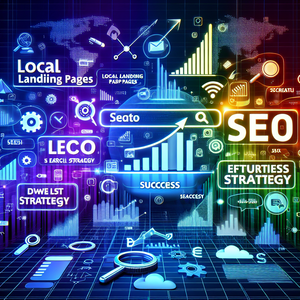 Visualize a dynamic digital word-cloud where terms like 'Local Landing Pages', 'SEO', 'Effortless Strategy', and 'Success' are highlighted in bold, vibrant colors against a backdrop that resembles a search engine interface, complete with a search bar and related search suggestions. Incorporate symbols of growth such as upward trending graphs or arrows, and elements of digital marketing such as a miniature website design and SEO icon.
